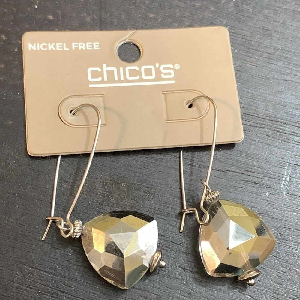 Chico’s | NWT Long Drop Smoky Faceted Stone Drop Dangle Silver Tone Earrings